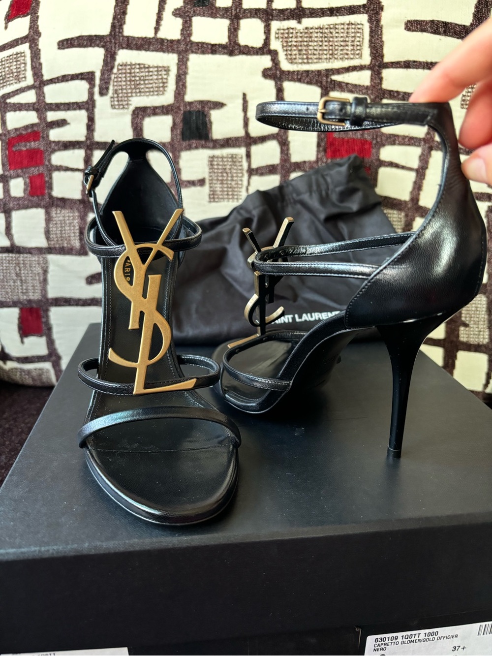 Saint Laurent 37+ US 7 YSL Cassandra Black brass Gold Sandals heels $1350 NEW